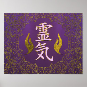 Poster Symboles des mains de guérison Reiki avec lotus