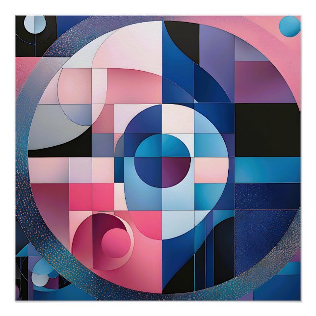 Poster Symétrie céleste : formes géométriques bleues et r (Devant)