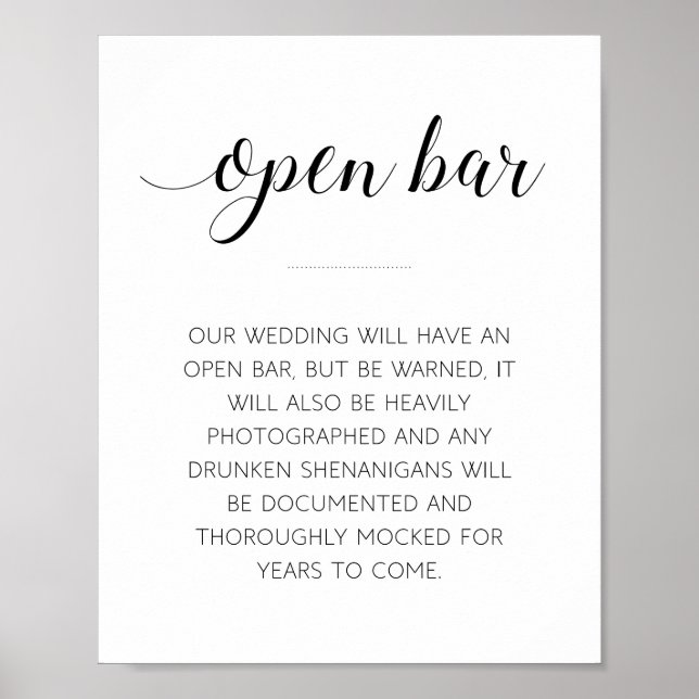 Poster Sympathique Open Bar Mariage Sign (Devant)