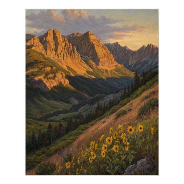 Poster Symphonie de l'Alpenglow : pics dorés gardant le s (Devant)