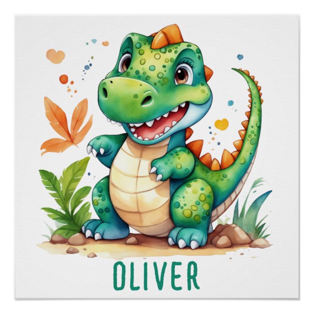 Poster T-Rex Dinosaure Vert Mignon Personnalisé (Devant)