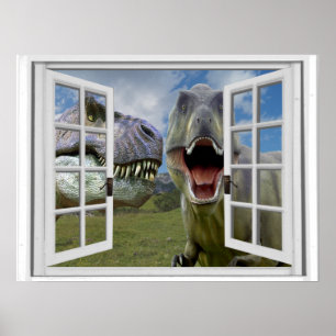 Poster T-Rex Dinosaures Vue Fenêtre Faux