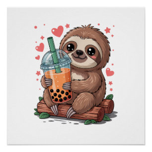 Poster T-Shirt Bubble Kawaii Paresseux Buvant du Thé Boba