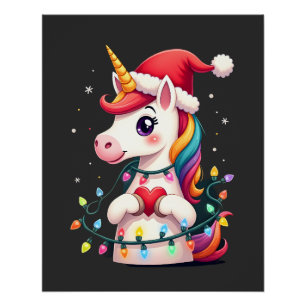 Poster T-Shirt de Noël avec Chapeau de Père Noël Licorne
