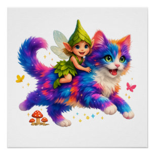 Poster T-shirt Fée à Cheval sur un Chat Coloré – T-shirt