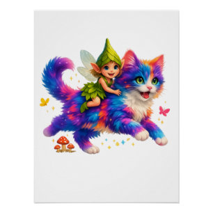 Poster T-shirt Fée à Cheval sur un Chat Coloré – T-shirt