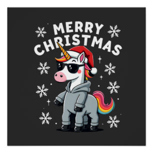Poster T-Shirt Licorne de Noël avec Chapeau de Père Noël
