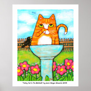 Poster Tabby Cat Dans Le Bain D'Oiseaux