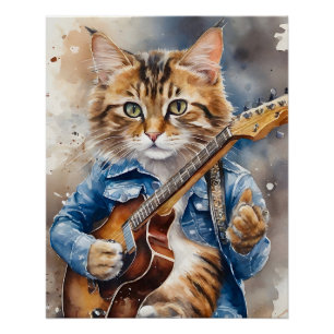 Poster Tabby rayé Cat Rock Star Jouer de la guitare