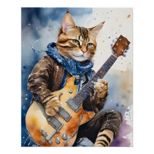 Poster Tabby Stried Cat Rock Star Jouer Guitare Brown
