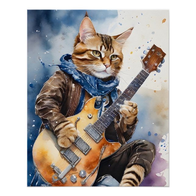 Poster Tabby Stried Cat Rock Star Jouer Guitare Brown (Devant)