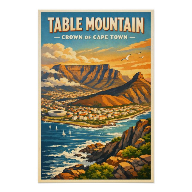 Poster Table Mountain, Afrique du Sud, dans un style rétr (Devant)