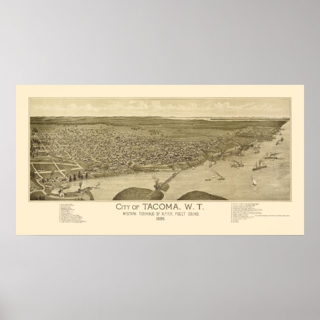 Poster Tacoma, WA Carte panoramique - 1885 (Devant)
