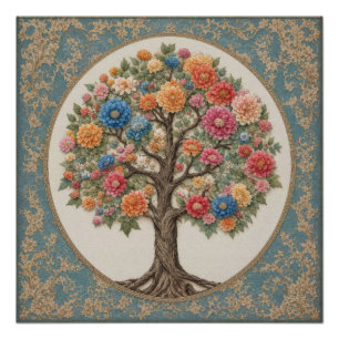 Poster Tapisserie en Damas Floral Dahlia de l'Arbre de Vi