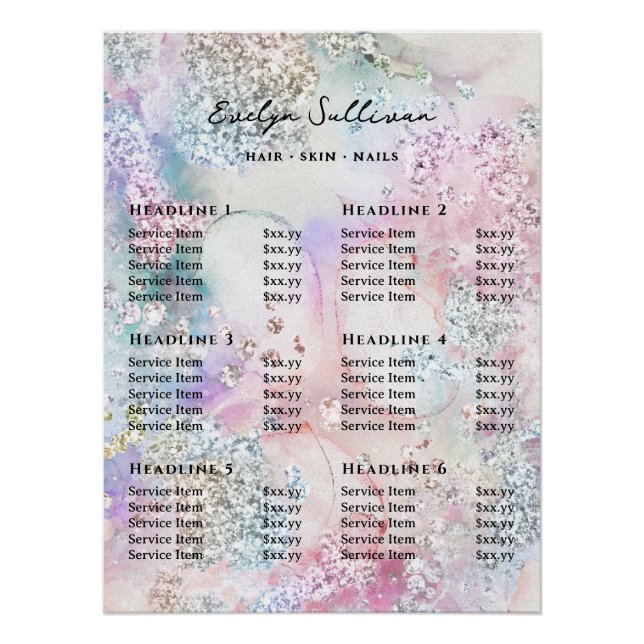 Poster Tarif Parties scintillant Aquarelle Faux Iridescen (Devant)