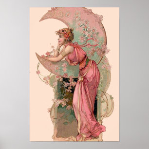 POSTER TAROTS / DAME DE LA LUNE AVEC FLEURS EN ROSE