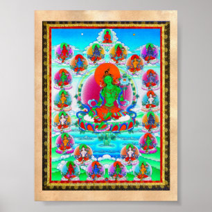 Poster Tatouage cool oriental tibétain thangka vert Tara