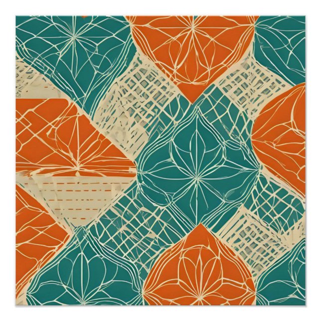 Poster Teal, Orange, and Tan Abstract Flowers (Devant)