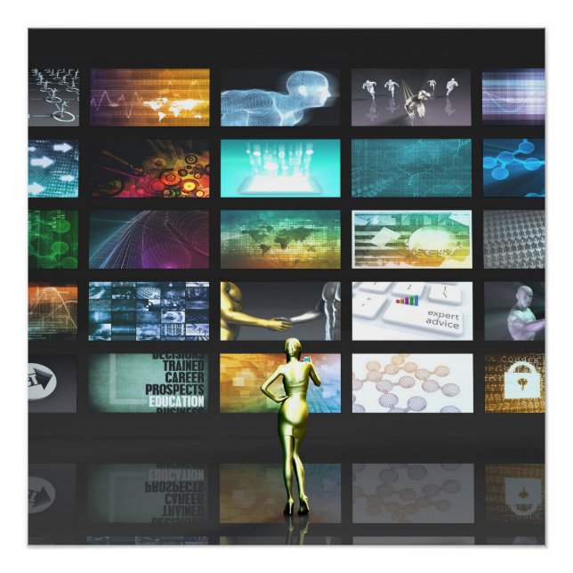 Poster Technologie multimédia avec une femme à l'écran (Devant)