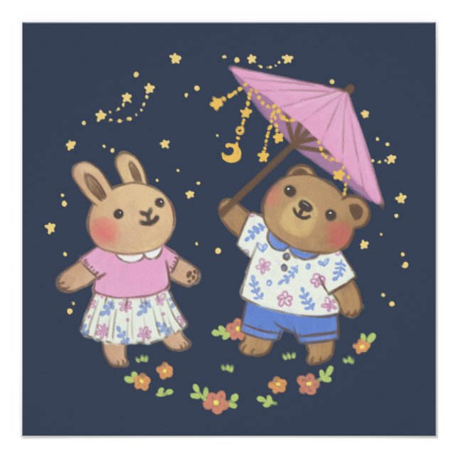 Poster Teddy Bear et Bunny under the Stars Illustration (Devant)