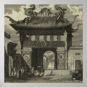 Poster Temple impérial asiatique dans noir et le blanc