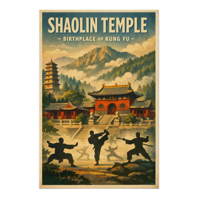 Poster Temple Shaolin, Chine, dans un style rétro classiq (Devant)