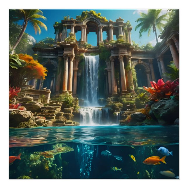 Poster Temple Tropical Cascade Lac des Poissons (Devant)