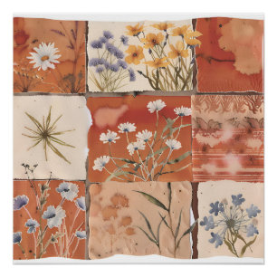 Poster Terracotta Patchwork de Fleurs Sauvages Bohème Rus