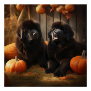 Poster Terre-Neuve Chiot Automne Citrouille de plaisir