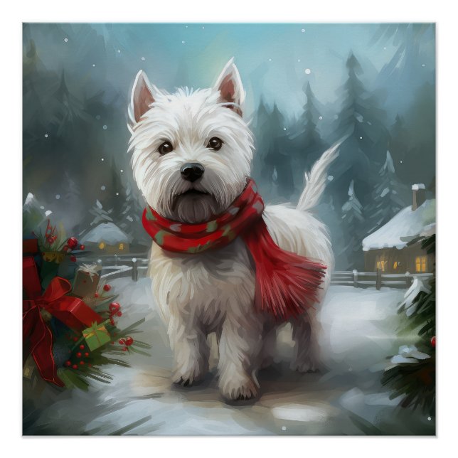 Poster Terrier blanc West Highland dans la neige Noël (Devant)