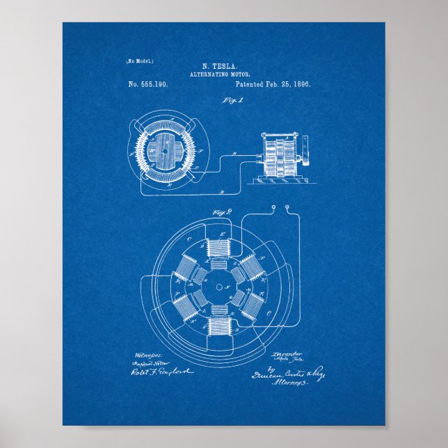 Poster Tesla Alternating Motor Patent - Blueprint (Devant)
