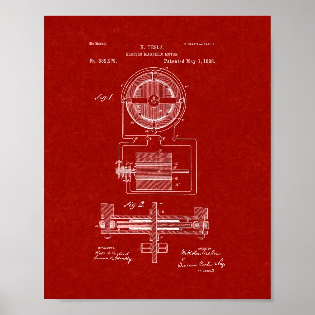 Poster Tesla Electro-magnétique Moteur Brevet - Rouge Bou (Devant)