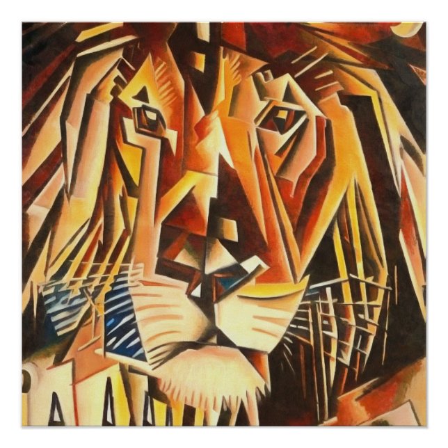 Poster Tête de lion Peinture Cubiste moderne (Devant)