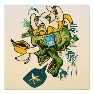 Poster Tete de mort Crâne rempli de banane avec des singe