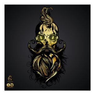 Poster Tête de mort hipster skulls barbu et moustachu or