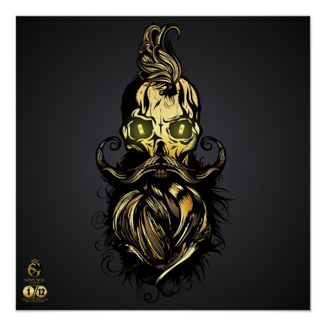 Poster Tête de mort hipster skulls barbu et moustachu or (Devant)