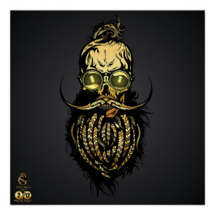 Poster Tête de mort hipster skulls barbu et moustachu or