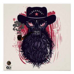 Poster Tête de mort hipster skulls cowboy fume pipe