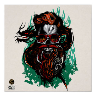 Poster Tête de mort hipster skulls dragon tribal barbu