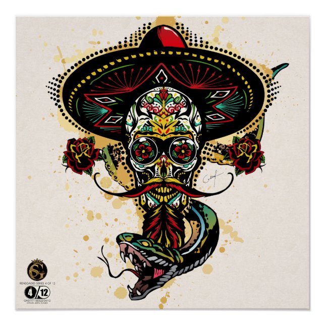 Poster Tête de mort hipster skulls mexicaine serpent (Devant)
