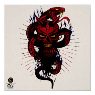 Poster Tête de mort hipster skulls serpent tattoo diable