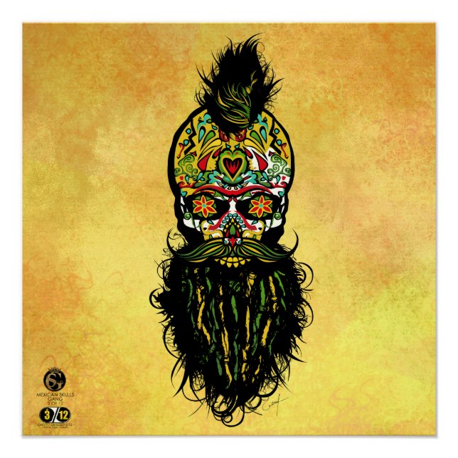 Poster Tête de mort mexicaine hipster skulls barbu et mou (Devant)