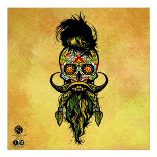 Poster Tête de mort mexicaine hipster skulls barbu et mou