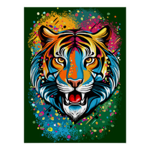 Poster Tête de tigre couleurs arc-en-ciel peinture taches