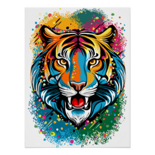 Poster Tête de tigre couleurs arc-en-ciel peinture taches