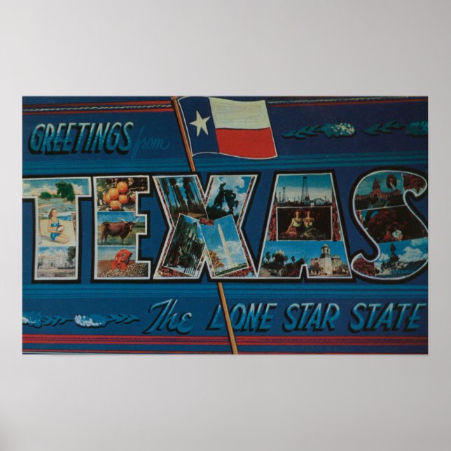 Poster Texas (Lone-Star Flag)Large Letter Scenes (Devant)
