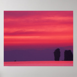 Poster Thaïlande, baie de Phang Nga. Ciel rose réfléch