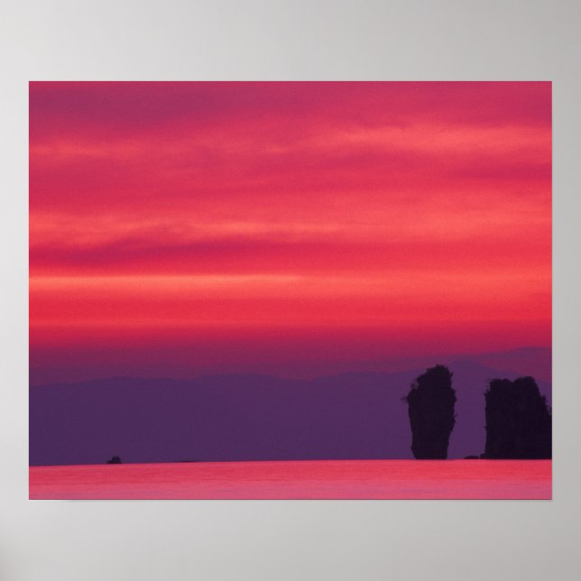 Poster Thaïlande, baie de Phang Nga. Ciel rose reflété da (Devant)