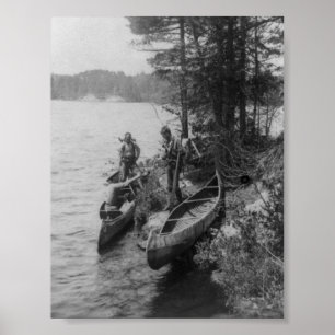 Poster Three Hunters with Canoes at Shore