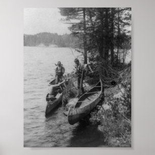 Poster Three Hunters with Canoes at Shore